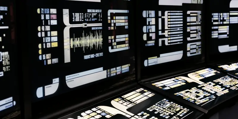 A control room wall of screens, each showing a different system's readouts side by side.