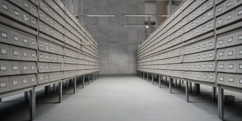Two facing walls of card-catalogue drawers running the length of an archive corridor.