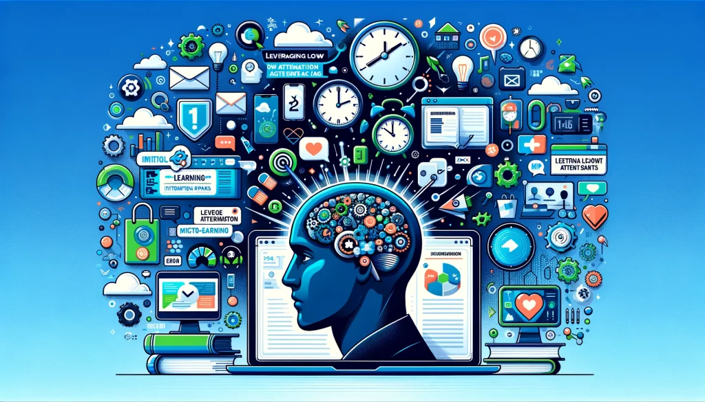 Abstract concept of information overload with digital elements and brain icon, representing the challenge of low attention spans in the modern digital landscape