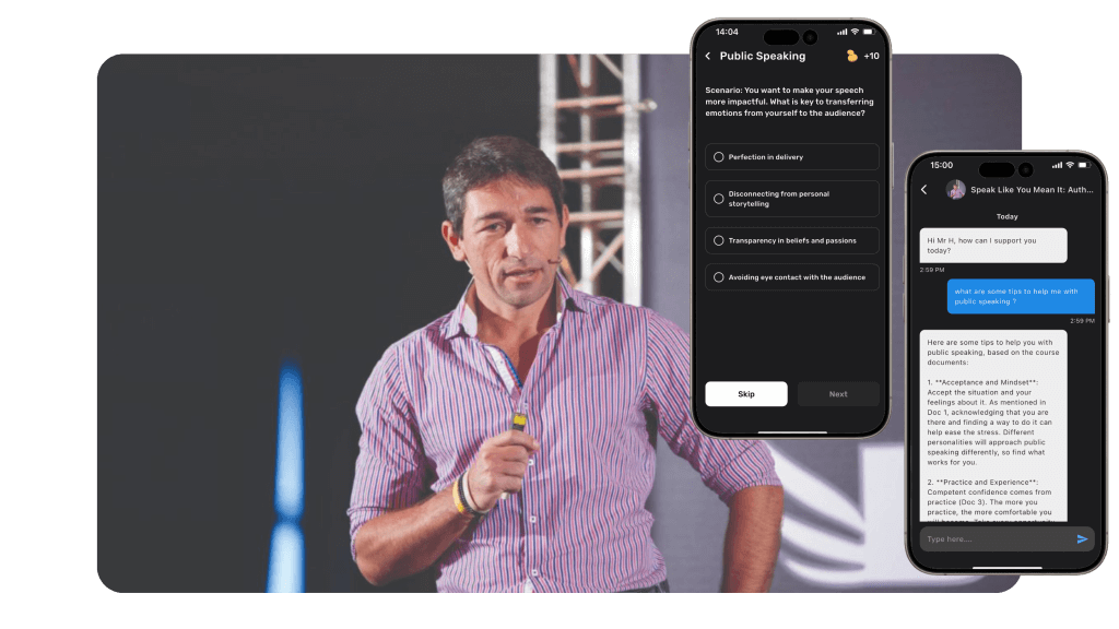 Nathan Farrugia delivering a public talk, with screenshots of the Up Your Level Academy platform showcasing courses and training tools